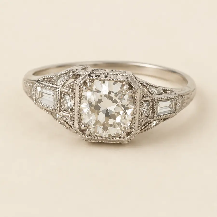 Art Deco style platinum engagement ring with an old European cut diamond and milgrain