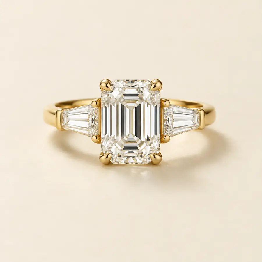 Emerald cut three-stone engagement ring with tapered baguettes in yellow gold