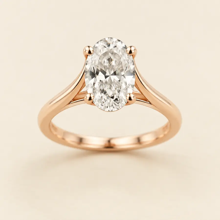 Oval diamond cathedral engagement ring in rose gold