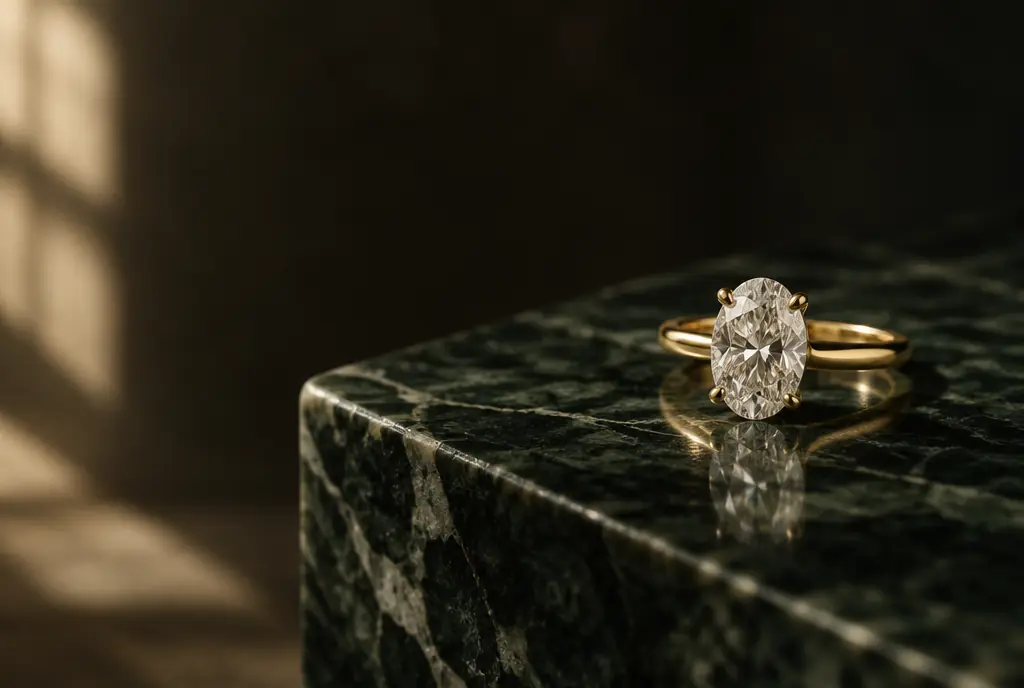 Oval diamond solitaire engagement ring in yellow gold on dark green marble