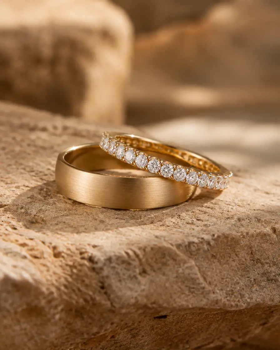 A brushed gold band and a slim diamond eternity band stacked on sandstone